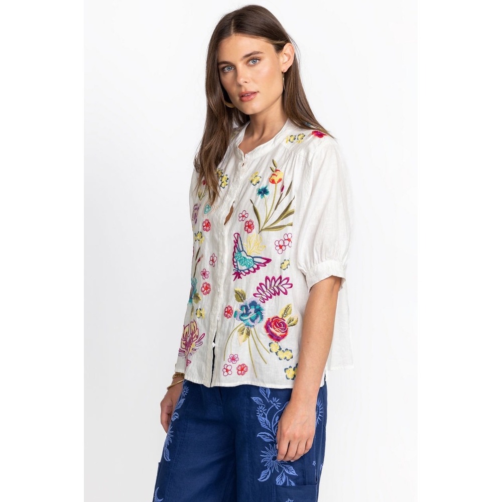 Johnny Was XL Jessi Shirred Yoke Blouse White Linen Embroidered Button Up Top - Picture 6 of 14